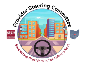 A decorative logo for the Provider Steering Committee featuring a steering wheel, a city scene, the LCBDD logo, the state of Ohio and the words "Supporting providers in the driver's seat."