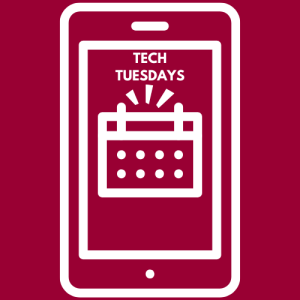 A red decorative logo that is an illustration of a cell phone with a calendar and the words Tech Tuesdays.