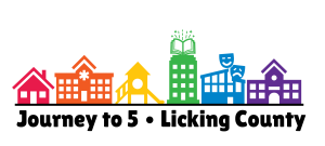 The logo for Journey to 5 Licking County. It includes several colorful buildings in different colors of the rainbow and black text.